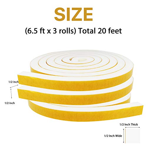 Futuwi Door Weather Stripping-3 Rolls, 1/2 Inch Wide X 1/2 Inch Thick Total 20 Feet Long, Foam Seal Tape For Window Insulation(6.5Ft X 3 Rolls) #TOP1