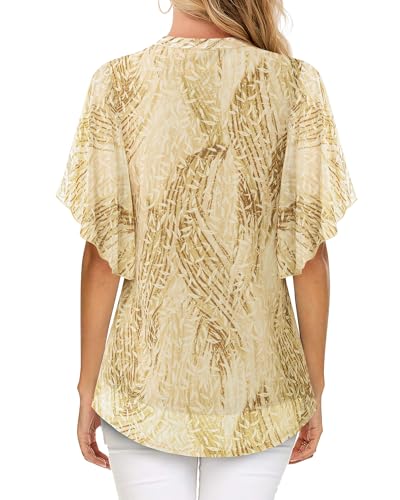 Image of Timeson Women's Short Sleeve V Neck Blouses Shirts Floral Double Layers Mesh Tunics Tops