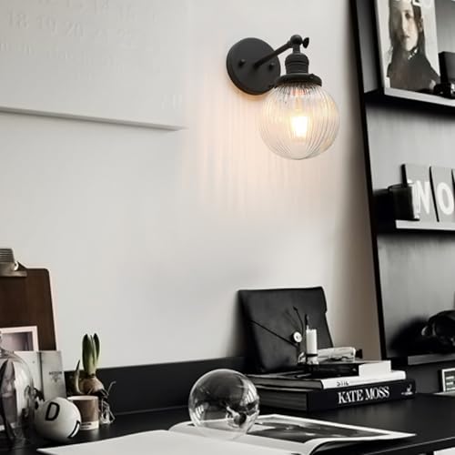 Image of Phansthy 1-Light Wall Sconce, Brass Boho Bathroom Vanity Light, Modern Wall Light with Globe Glass Shade E26 Base, Adjustable Wall Lighting Fixtures for Bedroom, Living Room (Black, Striped Shade)