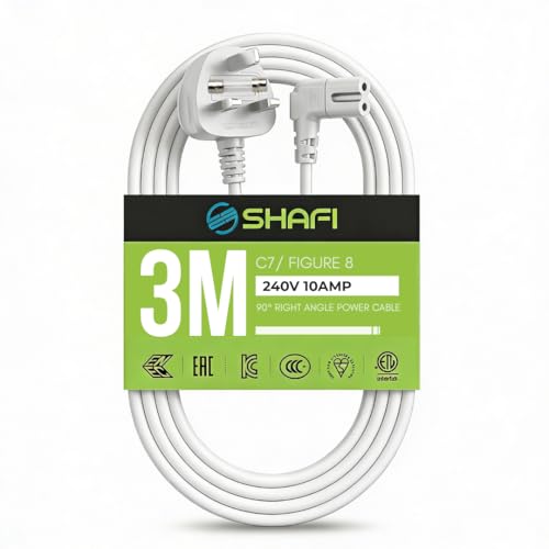 SHAFI® Figure 8 Power Lead White 3M - 2-Pin 90 Degree Angle IEC C7 Universal UK Plug Power Cable - Compatible Figure 8 cable for PS5 Xbox Series X/S LG Sony Smart LED Samsung TV - 3M White