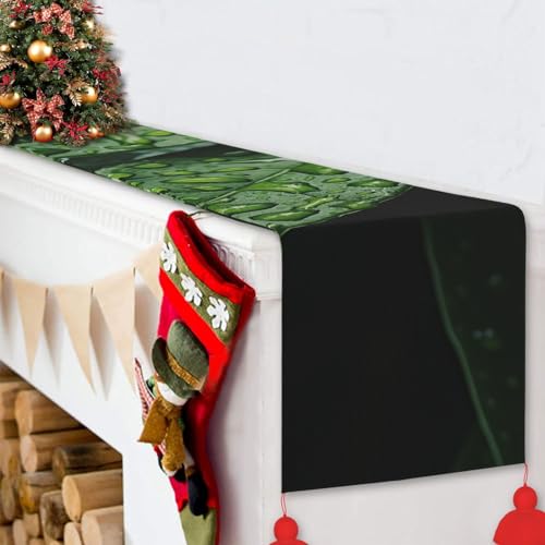Chemin de table feuilles vertes 152cm en coton lin rustique avec pompons - 7