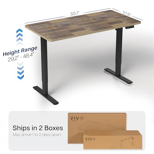 Image of VIVO Reclaimed Wood 55 x 28 in Standing Desk, DESK-KIT-1B55P | Electric, Holds 220 lbs, Sit Stand, Height Adjustable, Solid One-Piece Table Top, Memory Presets, 1B Series, Black Frame