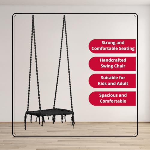 Image of Swingzy Cotton Pine Single Seater Swing Chair /Hanging Swing Chair for Home, Indoor, Outdoor, Patio, Balcony, Garden /Swing for Home /Jhula for Adults /Free Hanging Accessories (58x46,145 Cm, Black)