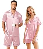 Ekouaer Couple Matching Pajamas Sets Silk Short Sleeve Button Down Sleepwear Satin Pjs Shorts Set Soft Lounge Set Pink,S