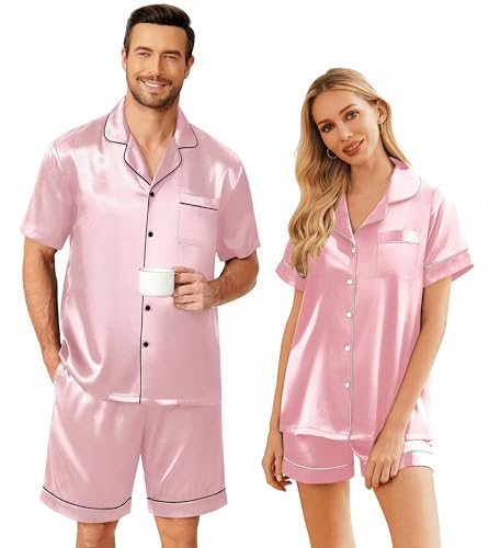 Ekouaer Couple Matching Pajamas Sets Silk Short Sleeve Button Down Sleepwear Satin Pjs Shorts Set Soft Lounge Set Pink,L