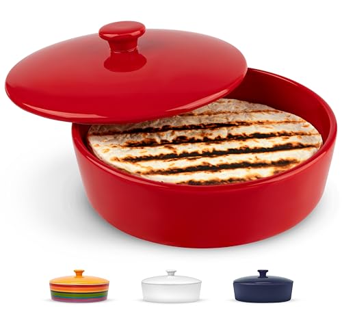 Tortilla Warmer, by Kook, Tortilla Holder, Taco Bar, Ceramic Hand-Painted with Lid, Authentic, Microwavable Storage Container, Dishwasher Safe, 8.5 Inch, Red