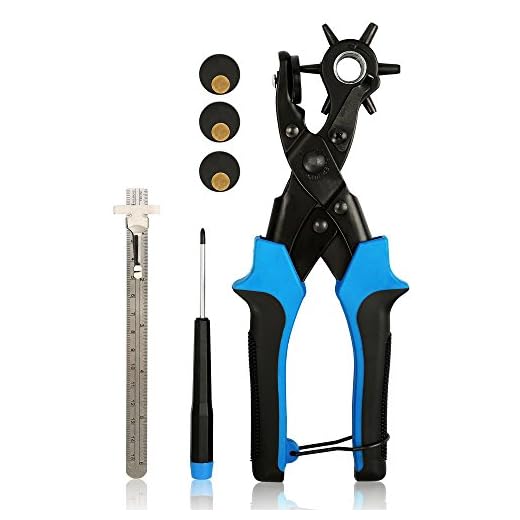 Lifegoo Leather Hole Punch Tool for Belts Revolving Puncher Plier Kit Including Ruler,Screwdriver,Brass Pad Heavy Duty Rotary Hole Puncher for Bags, Shoes, Fabric, DIY Home Craft Projects etc …
