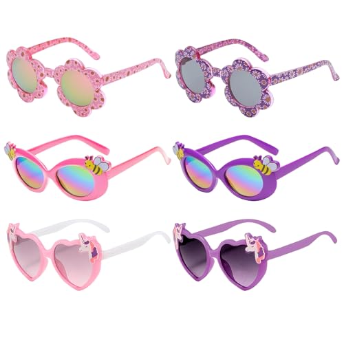 JSTHHTT 6 Stück Kinder Sonnenbrille, Daisy Runde Sonnenbrille, Süße Herz, Blumen Geformt Brille, Party Brille Rund, UV 400 Schutz, für Kleinkinder, Mädchen, Jungen, Strandparty