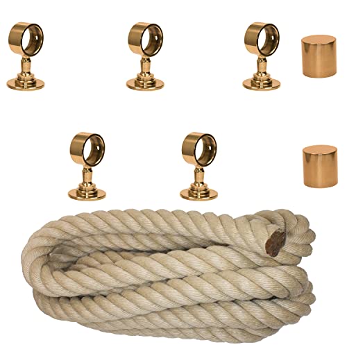 Handlaufseil-Set Ø 30 mm – 5 m Polyhanf-Seil „Nature Touch“ naturfarben mit 2 Endkappen & 5 Seilträgern, Messing glänzend | Treppe & Geländer
