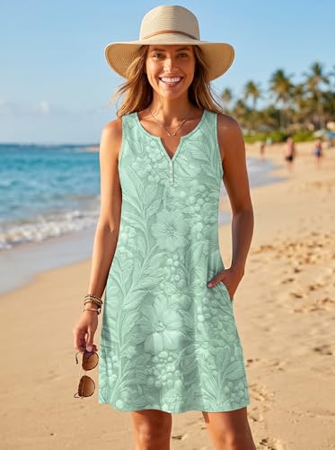 Image of Disamer Womens Summer Dress 2026 Casual Button Down V Neck Sleeveless Boho Floral Beach Sundresses Vacation A-Line Dresses