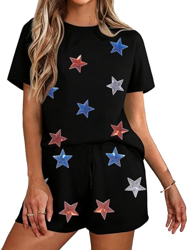 Image of VILOVE 4th of July 2 Piece Sequin Outfits Women 250 Anniversary Usa Shirts and Short Sets Casual Patriotic Shirt Summer Set