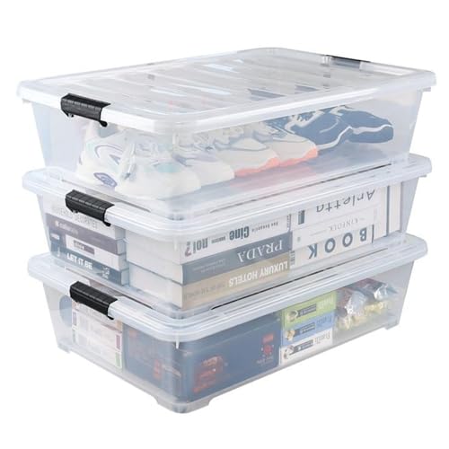Image of Clear Heavy Duty Transparent Under Bed Bulk Storage Container with Lids, 35 Litre, Dustproof, Stackable, Clip On Lid, BPA Free, Multipurpose Bed Storage Box with Roilling Wheels (Pack of 3)