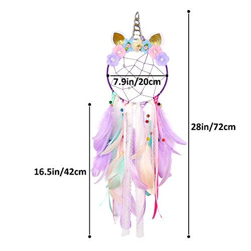 Beinou Unicorn Dream Catcher Colorful Feather Dream Catchers Handmade Flowers Dream Catchers Wall Hanging Dream Catcher for Girls Kids Nursery Bedroom Decoration Blessing Gift