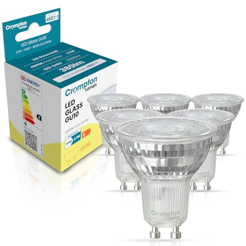 Image of Crompton Lamps LED GU10 Spotlight Bulbs 3.7W Glass | 6 Pack | Cool White 4000K | Energy Saving Light Bulbs for Ceiling Lights | 345 Lumens | Direct Replacement | GU10 LED Bulbs