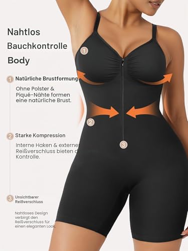 SHAPERX Shapewear Bodysuit Bauchkontrolle Nahtlos Body Shaper Mid-Thigh mit Reißverschluss & Haken Verstellbare Träger Figurformend für Alltag & Party, UK-SZ5862-Black-L/XL