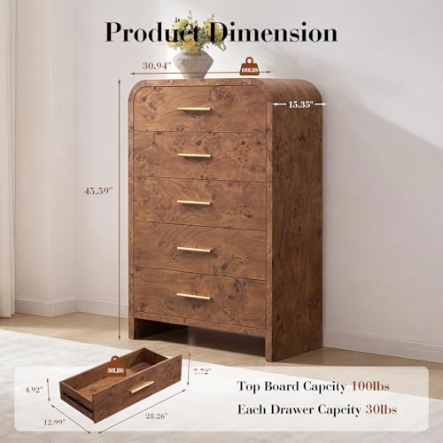 Image of Curved Drawer Dresser for Bedroom with 5 Drawers, 31'' Wide Chest of Drawer