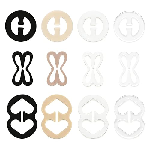 Bra Clips, 12-Pack (4 Butterfly, 4 Round, 4 Racerback), Anti-Slip Plastic Clips for Hidden Bra Straps