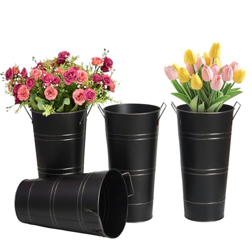 Notakia 12 Inch Large Galvanized Metal Vases Farmhouse French Flower Bucket Vases for Cut Flowers for Home Decor and Wedding Table Centerpiece Decorations (Large Blcak 4Pcs)