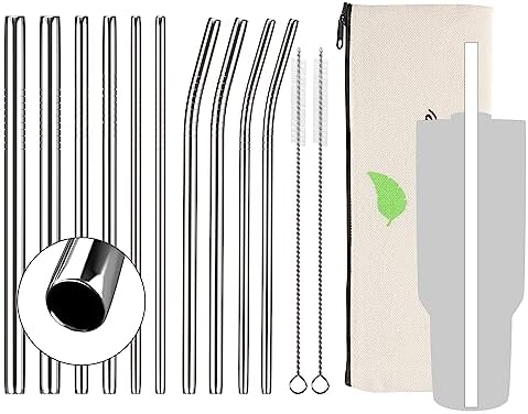Vzaahu 12-Pack Reusable Stainless Steel Natural Metal Straws with Case and Brush - Eco Friendly Long Drinking Straws for 20 24 30oz Yeti Tumblers Mason Jar Dishwasher Safe