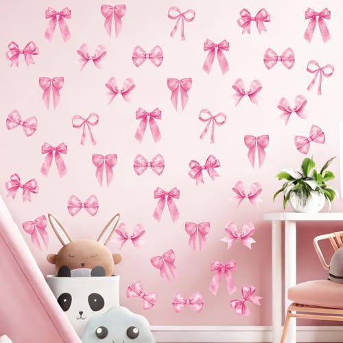 Arawat 8Sheets/48 Pcs Pink Coquette Bow Room Decor for Bathroom Women Bedroom Aesthetic Room Decor Bow wall Decoration for Bedroom Pink Bows wall Stickers Decals Peel and Stick