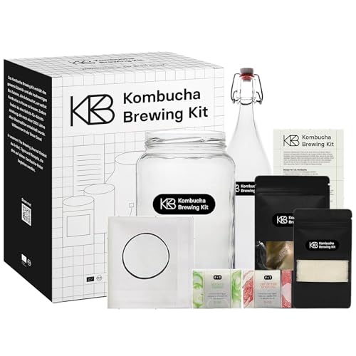 Kombucha Brewing Kit Bio, Kombucha Starter Set mit Bio-SCOBY Starterkultur und Kombucha Pilz, Gärgefäß, Bügelflasche, BioRohrohrzucker und Glasstrohhalm, handgefertigt, vegan, glutenfrei, laktosefrei