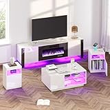 AMERLIFE 4-Piece Living Room Table Set, Includes 70 Inch Fireplce TV Stand, Modern Coffee Table, LED Light Nightstands Set of 2, High Glossy Table Sets for Living Room Bedroom Office, White & Black