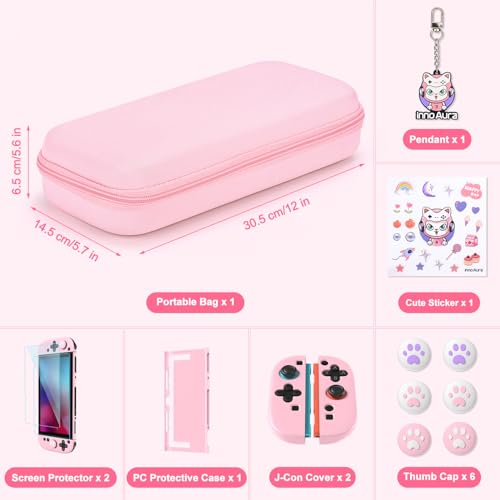 Image of innoAura Switch 2 Case 14-in-1 Bundle for NS Switch 2 (2025), with Carrying Case, Protective Cover, Thumb Grips, Screen Protector, Cute Pendant and Sticker, Pink