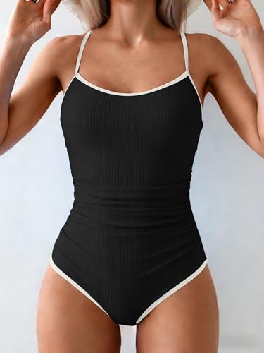 Image of Eomenie Women's One Piece Swimsuit Tummy Control Slimming Bathing Suit Color Block Spaghetti Strap 1 Piece Swim Suit Swimwear