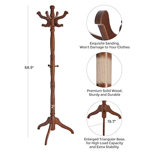 Vasagle Coat Rack Free Standing With 11 Hooks, Wooden Hall Tree Coat Hat Tree Coat Holder With Solid Rubberwood Base For Coat, Hat, Clothes, Scarves, Handbags, Umbrella, Dark Walnut Urcr05Wn #TOP6