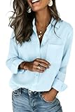 Zeagoo Linen Button Down Shirt Women Oversized Womens Long Sleeve Button Up Tops Casual Light Blue