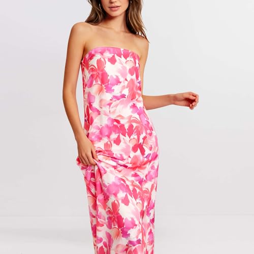 Image of Women Y2k Strapless Maxi Dress Summer Backless Floral Long Tube Dress Off Shoulder Cocktail Party Dress