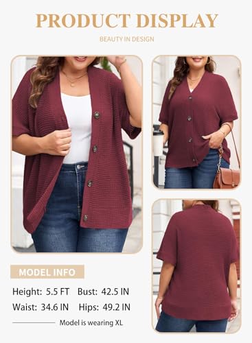 Image of Eytino Womens Plus Size Tops Casual V Neck Short Sleeve Waffle Knit Button Down Shirts(1X-5X)