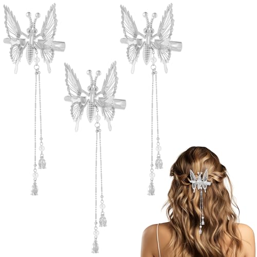 3 Pcs Moving Butterfly Hair Clips with Long Tassel Hollow Butterfly Hair Clips for Women Butterflys Clip for Hair Butterflys Hair's Accessories (silver)