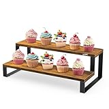 SZHC 2-Tier Wooden Cupcake Display Stand, Rustic Brown Kitchen Serving Rack with Metal Frame