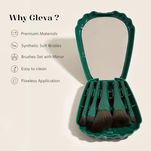 Image of Gleva Travel Size Mini Makeup Brushes Set with Mirror Small Complete Function Cosmetic 5 Pcs Brushes Kit Case Apply to Face Foundation Powder Concealers Eyebrow Eyeshadow (Green (Shell Shape))