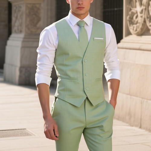 DiBanGu 4PCS Mens Suit Vest Linen Solid Color Vest for Men Wedding Casual Waistcoat Necktie Pocket Square Cufflinks S-3XL3