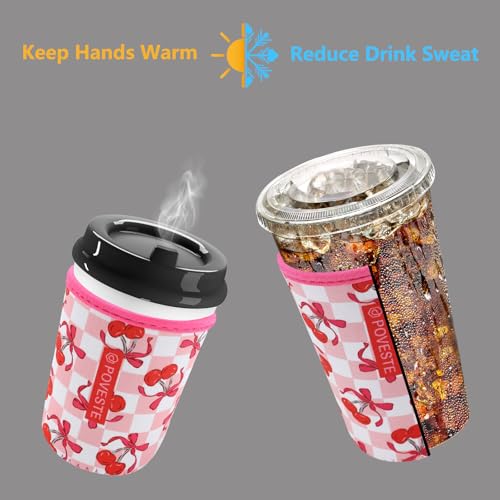 Image of Reusable Neoprene Insulator Sleeve for Iced Coffee & Cold Soda, Coffee Sleeves for Iced & Hot Drinks, Cold Beverage Cooler Compatible with Starbucks, Dunkin (Bow&Cherry, Medium: 22-24oz)