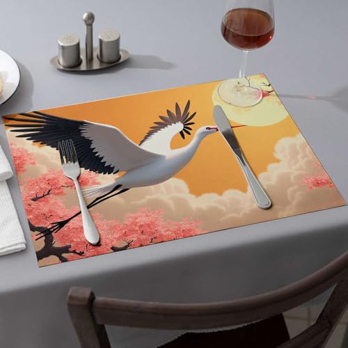Nappe de table et sets de table bleus grue blanche haut de gamme 6PCS