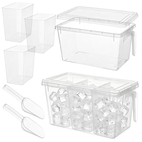 CIEOVO 2 Set 3 Divided Ice Bin for Freezer with Lid and 2 Scoop Set Plastic Freezer Ice Bin with Pull-Out Handle Clear Storage Bucket Kitchen Food Storage Organizer for Home Office Fridge Kitchen