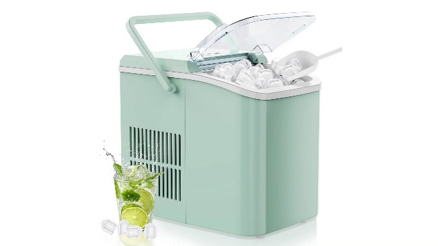 Image of OLIXIS Countertop Ice Maker Machine with Handle, Auto-Cleaning Portable Ice Maker with Basket & Scoop, 26lbs in 24Hrs & 9 Cubes in 6 Mins, 2 Cube Sizes, for Home Party Camping RV, Black