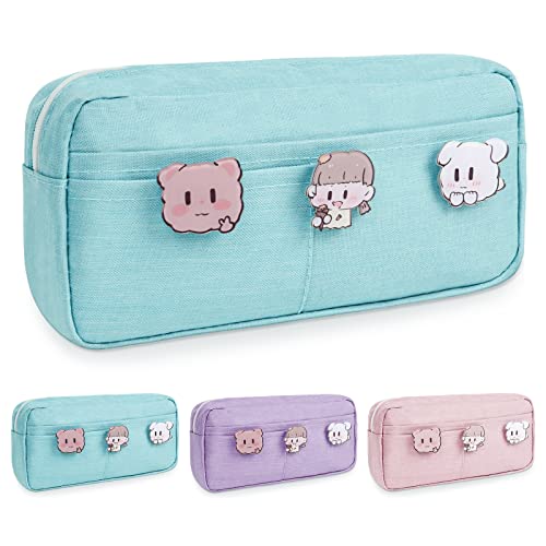 Vicloon Expandable Big Capacity Stationery Pen Bag Makeup Bag Middle School College Office Organizer with 3 Brooch for Student Teens Girls Adults (Blue)