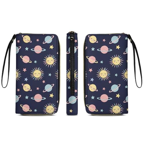 Waterproof Wallet for Women, PU Leather Long Clutch Travel Purse Sun Moon Planet Large Capacity ID Card Holder with Zipper