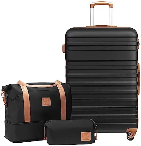 COOLIFE Suitcase Trolley Carry On Hand Cabin Luggage Hard Shell Travel Bag Lightweight with TSA Lock,The Suitcase Included 1pcs Travel Bag and 1pcs Toiletry Bag (Black/Brown, 5 Piece Set)