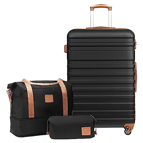 COOLIFE Suitcase Set 3 PCS - 28" Hard Shell Lightweight ABS Luggage + Travel Bag & Toiletry Bag, Large Suitcase with TSA Lock, 360° Wheels for Travel, Airline & Cruise, Check in Baggage, Bla