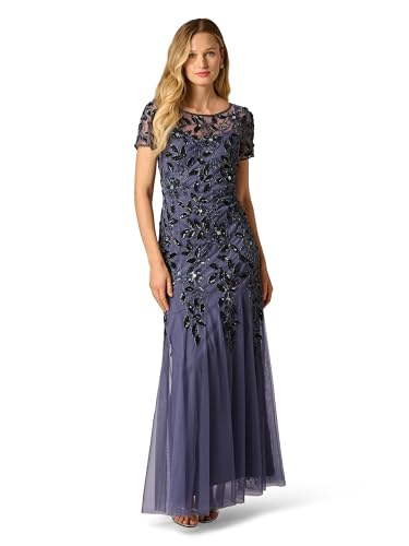 Image of Adrianna Papell Women's Beaded Gown with Godets - Floor Length Gown with Floral Embellishments & Cap Sleeves