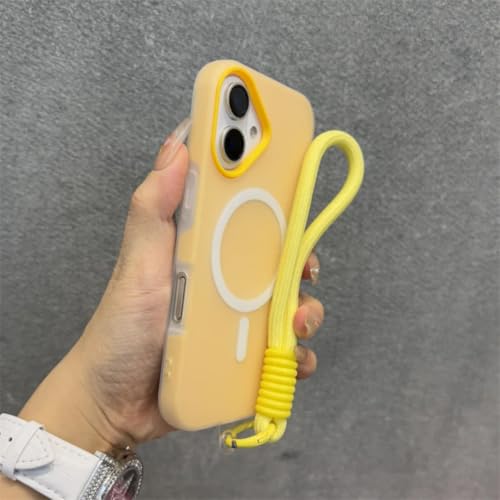 Protection iPhone 15 jaune à cordon pour garder les mains libres