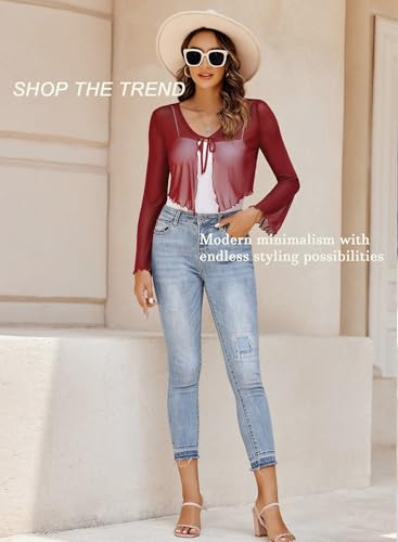 Image of Avidlove Womens Sheer Shrug Tie Front Long Bell Sleeve Mesh Bolero Lightweight Summer Casual Short Shawl Top