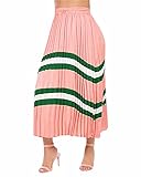 Women's Pleated Skirts Color Block Stripes Print Elastic Waist Long Vintage A-Line Swing Midi Skirt Pink M