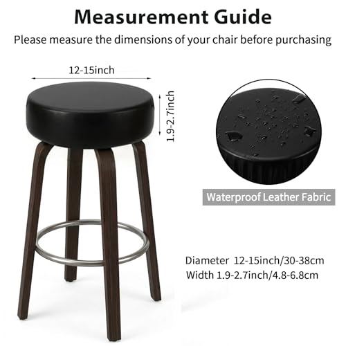 Quilax 2 Stück Hockerbezug Leder, Schwarz PU-Leder Hocker Bezug, Durchmesser 38-40 cm, Rund Abnehmbar Bezug, Bürostuhl Hockerbezug Sitzkissenbezug für Esszimmerstühle Runder Hocker