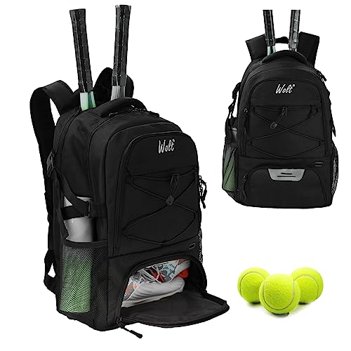 WOLT Zaino da Tennis per Uomo e Donna, Grande Borsa per Racchette Con Scomparto Ventilato per Scarpe, Contiene 2 Racchette da Pickleball, Palline, Nero, L